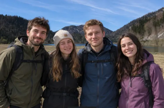 Four hikers in front of a lake; one of them has their eyes closed.